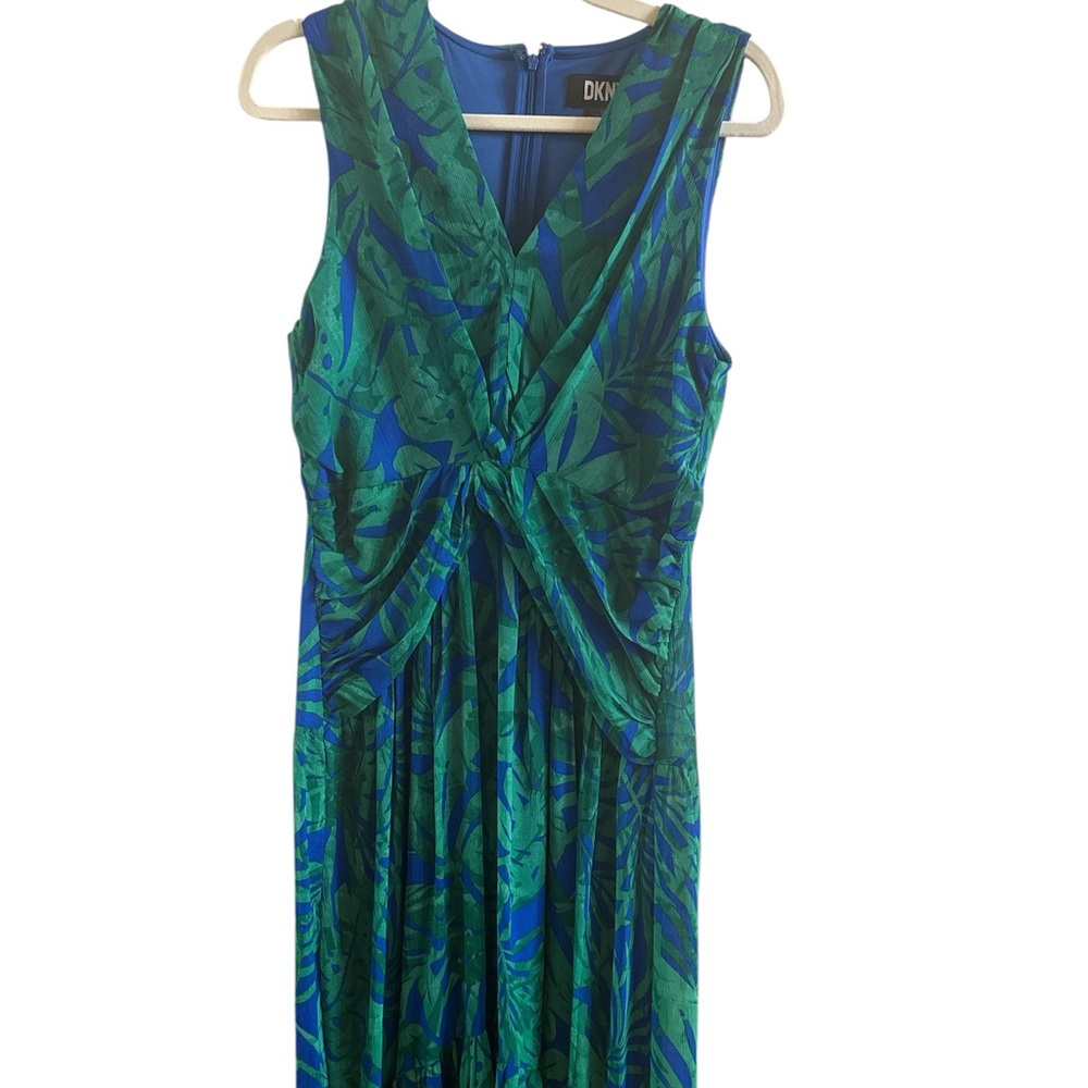 DKNY Women’s Fit & Flare‎ Twisted Front Midi Dress Size 10 V Neck Blue Green